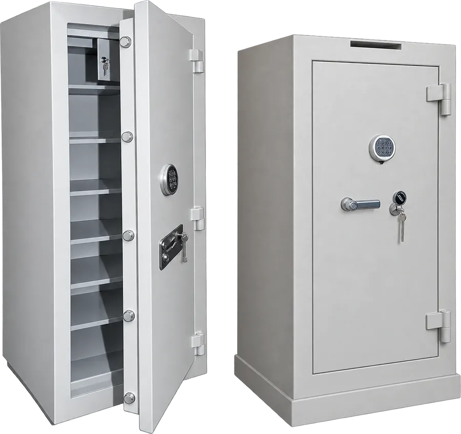 Cofre monobloco claro com interior compartimentado em prateleiras