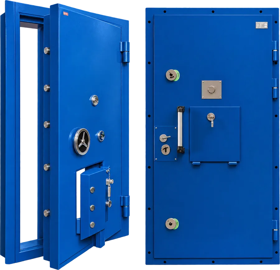 Porta forte azul para banca com porta de emergência integrada, vista aberta e fechada